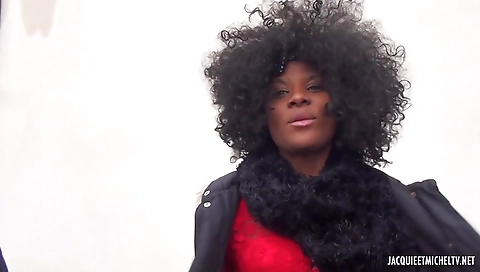 Sexy ebony teen in stockings getting fucked in a threesome