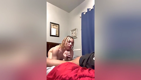 Blonde brunette girl eats a big cock in horny video