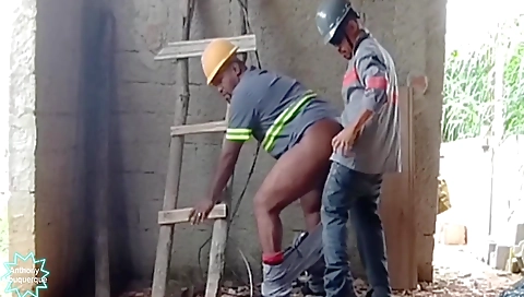 Gay black guy fucks a brunette in black pants and a blouse