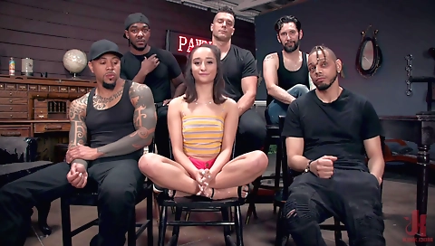 Amateur brunette teen and her buddy gangbang in the pawn shop