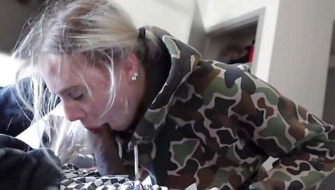 Blonde with big booty in stepdad's pants and stockings