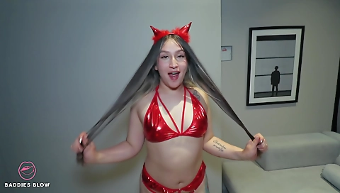 Amateur brunette with a huge dildo in her mouth shows it