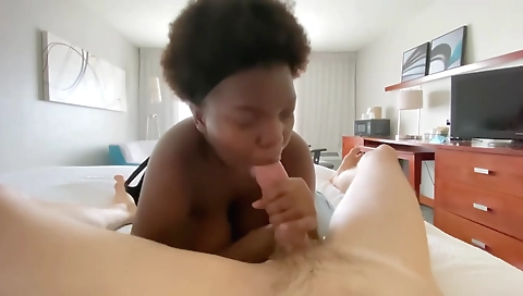 Ebony pornstar taking her boyfriend's big dick in her mouth