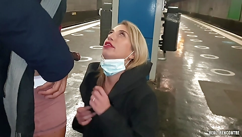 Blonde french whore gets fucked in public in train