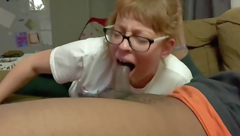 Amateur redhead enjoys deepthroat blowjob and sucking dick