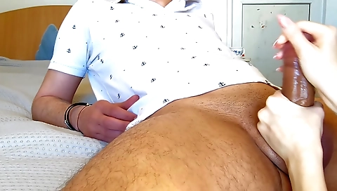 Big tits brunette takes a hard dick and gives handjob