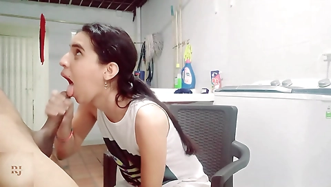 Latina with tattooed pussy fucks a dude in the kitchen