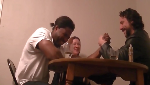 Busty brunette gets fucked by a hubby and a red cock